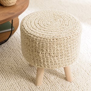 Sacha - tabouret rond 40x40cm laine tressé blanc pieds bois naturel