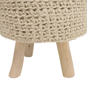 Sacha - tabouret rond 40x40cm laine tressé blanc pieds bois naturel