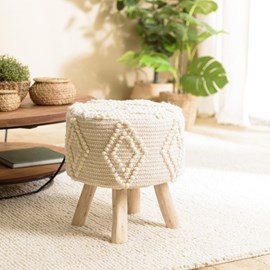 Sacha - tabouret rond 40x40cm laine motifs losanges blanc pieds bois