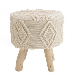 Sacha - tabouret rond 40x40cm laine motifs losanges blanc pieds bois