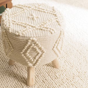 Sacha - tabouret rond 40x40cm laine motifs losanges blanc pieds bois