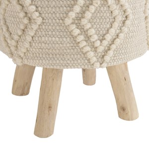 Sacha - tabouret rond 40x40cm laine motifs losanges blanc pieds bois