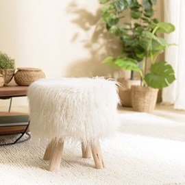 Sacha - tabouret rond 40x40cm peau de mouton couleur blanc pieds bois