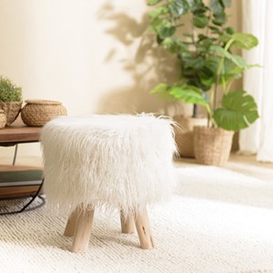 Sacha - tabouret rond 40x40cm peau de mouton couleur blanc pieds bois
