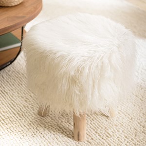 Sacha - tabouret rond 40x40cm peau de mouton couleur blanc pieds bois