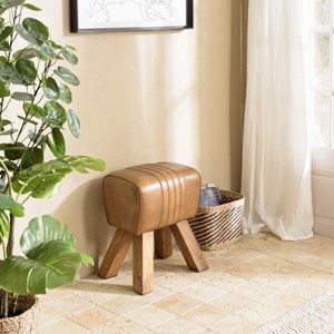 Marcel - tabouret matelassé en cuir marron pieds en bois de manguier