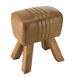 Marcel - tabouret matelassé en cuir marron pieds en bois de manguier