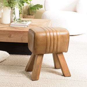 Marcel - tabouret matelassé en cuir marron pieds en bois de manguier