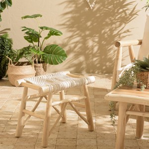 Will - tabouret en bois teck naturel assise en macramé blanc