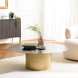 James - table basse ronde 110x110cm plateau métal noir pied strié doré