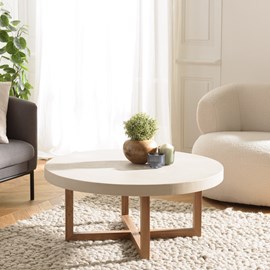 Dak - table basse ronde 92x92cm en béton et bois de teck beige