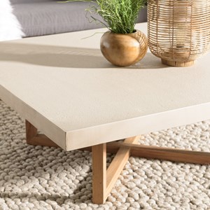 Dak - table basse carrée 107x107cm en béton et bois de teck beige