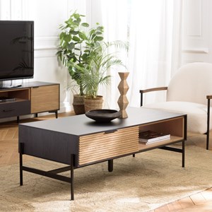 Charlie - table basse 2 tiroirs 1 niche en bois pin marron et noire