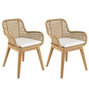 Valeria - lot de 2 fauteuils jardin en bois teck rotin et coussin blanc
