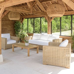 Valeria - salon de jardin 6 places en rotin synthétique ajouré beige