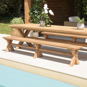 Kally - banc de jardin 270x35cm en bois teck recyclé pieds croisés