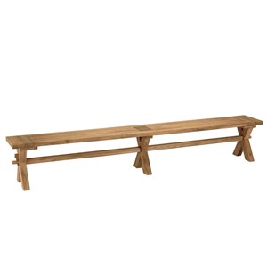 Kally - banc de jardin 270x35cm en bois teck recyclé pieds croisés
