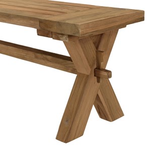 Kally - banc de jardin 270x35cm en bois teck recyclé pieds croisés