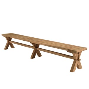 Kally - banc de jardin 270x35cm en bois teck recyclé pieds croisés