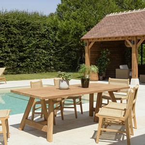 Kally - table à manger jardin 220cm bois teck recyclé pieds tréteaux