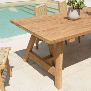 Kally - table à manger jardin 220cm bois teck recyclé pieds tréteaux