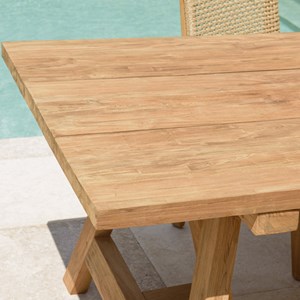 Kally - table à manger jardin 220cm bois teck recyclé pieds tréteaux