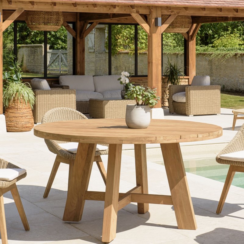 Macabane - Kally - table à manger de jardin ronde 150x150cm en bois teck recyclé