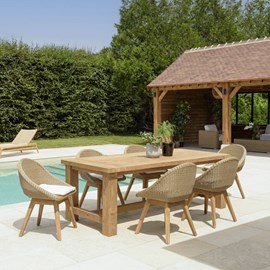 Kally - ensemble de jardin, table rectangle en bois teck recyclé et rotin synth.