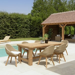 Kally - ensemble de jardin, table rectangle en bois teck recyclé et rotin synth.