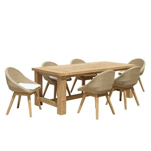 Kally - ensemble de jardin, table rectangle en bois teck recyclé et rotin synth.