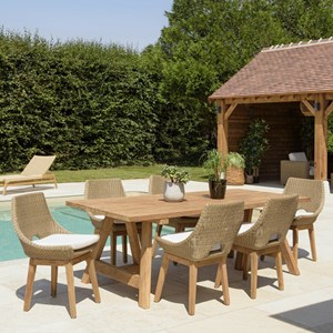 Kally - ensemble de jardin en bois teck recyclé et rotin synth. 6 pers (table et