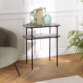 Julia - table d'appoint double plateau bois marron pieds métal noir