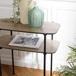 Julia - table d'appoint double plateau bois marron pieds métal noir