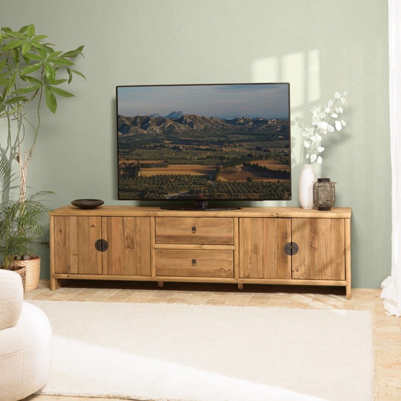 Sandy - meuble tv 2 tiroirs 4 portes, longueur 240cm bois pin recyclé