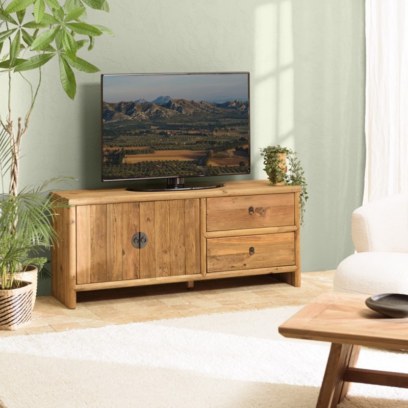 Sandy - meuble tv 2 tiroirs 2 portes, longueur 155cm bois pin recyclé