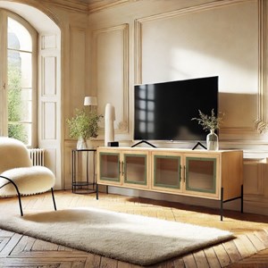Helena - meuble tv 4 portes vitrées en bois de pin vert et métal noir