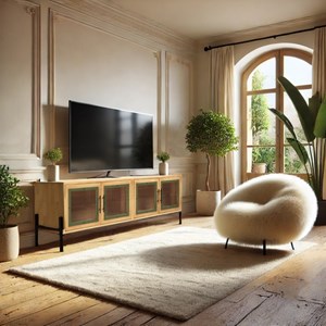 Helena - meuble tv 4 portes vitrées en bois de pin vert et métal noir