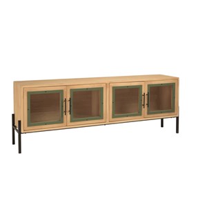 Helena - meuble tv 4 portes vitrées en bois de pin vert et métal noir