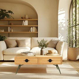 Helena - table basse 2 tiroirs bois pin pieds métal vert