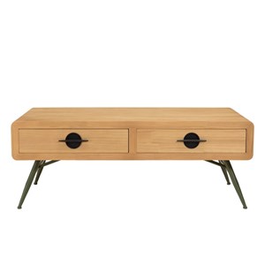 Helena - table basse 2 tiroirs bois pin pieds métal vert