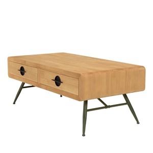 Helena - table basse 2 tiroirs bois pin pieds métal vert