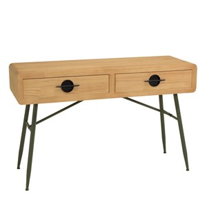 Helena - console 2 tiroirs en bois pin et pieds métal vert
