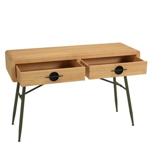 Helena - console 2 tiroirs en bois pin et pieds métal vert