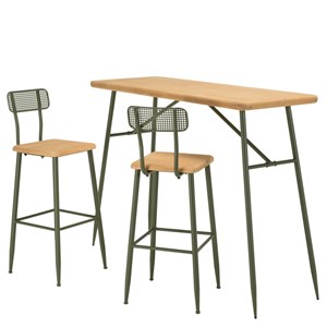 Helena - ensemble 1 bar + 2 tabourets en bois de pin et métal vert