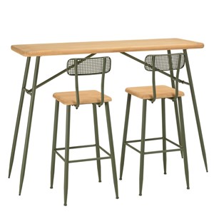 Helena - ensemble 1 bar + 2 tabourets en bois de pin et métal vert