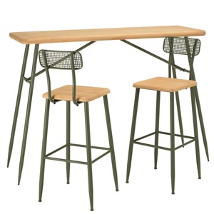 Helena - ensemble 1 bar + 2 tabourets en bois de pin et métal vert