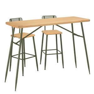 Helena - ensemble 1 bar + 2 tabourets en bois de pin et métal vert