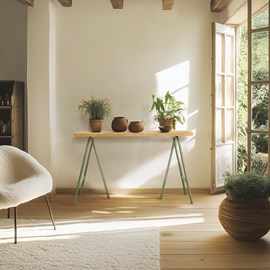 Helena - console plateau en bois pin et pieds tréteaux en métal vert