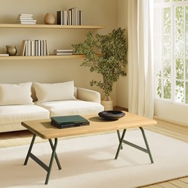 Helena - table basse plateau en bois pin pieds tréteaux en métal vert