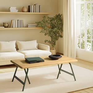 Helena - table basse plateau en bois pin pieds tréteaux en métal vert